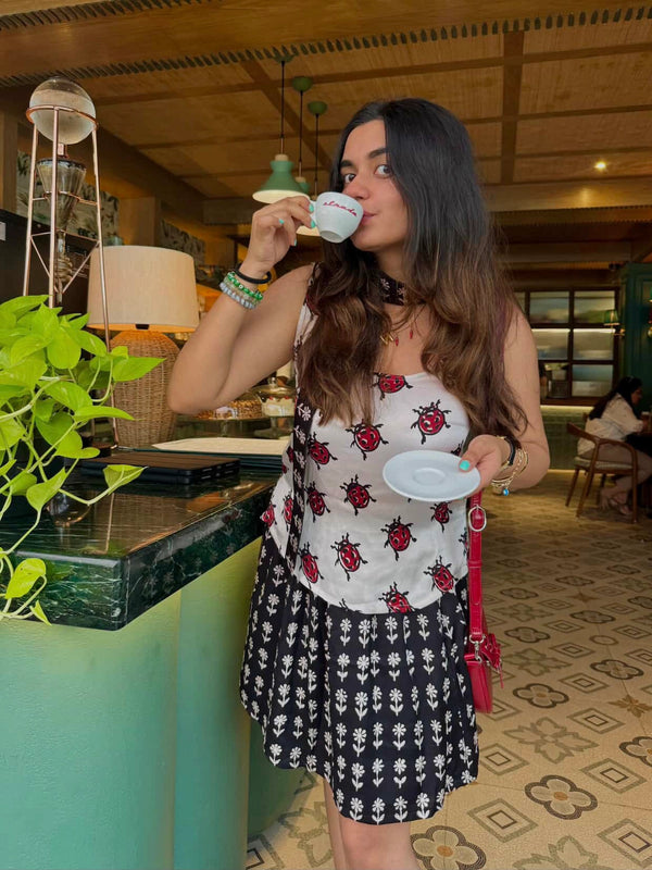 Customer wearing Flower Print Skirt ft. Wood-block printing from Bagh