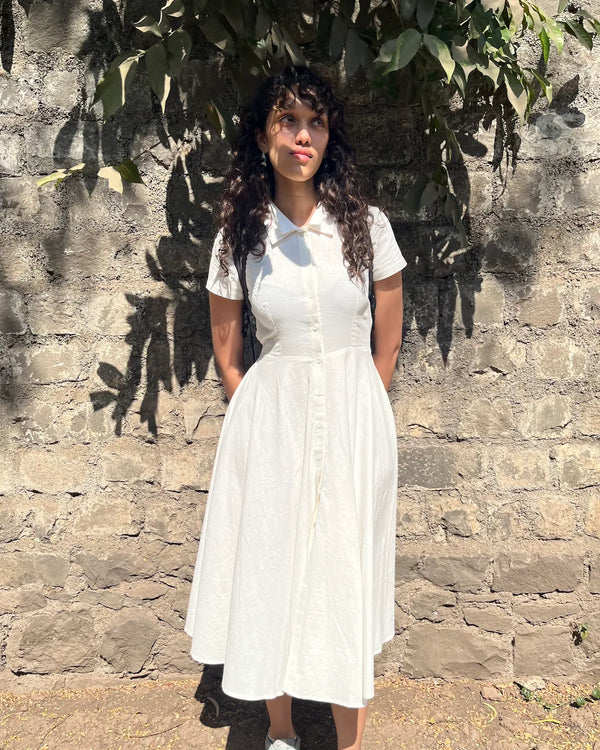 Customer wearing White Button-down dress in Khadi