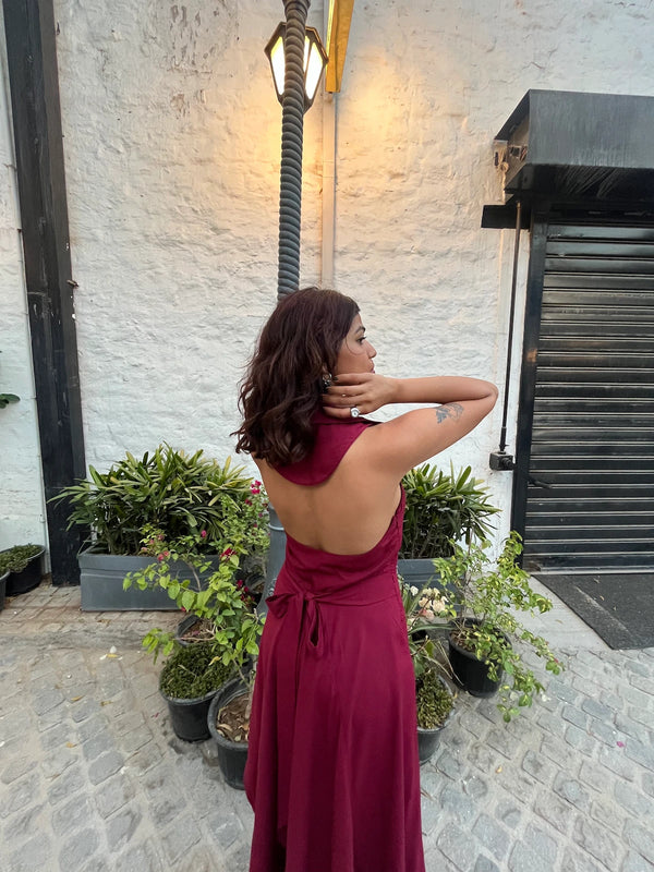 Customer wearing Wine Asymmetrical Dress in Cotton Voile