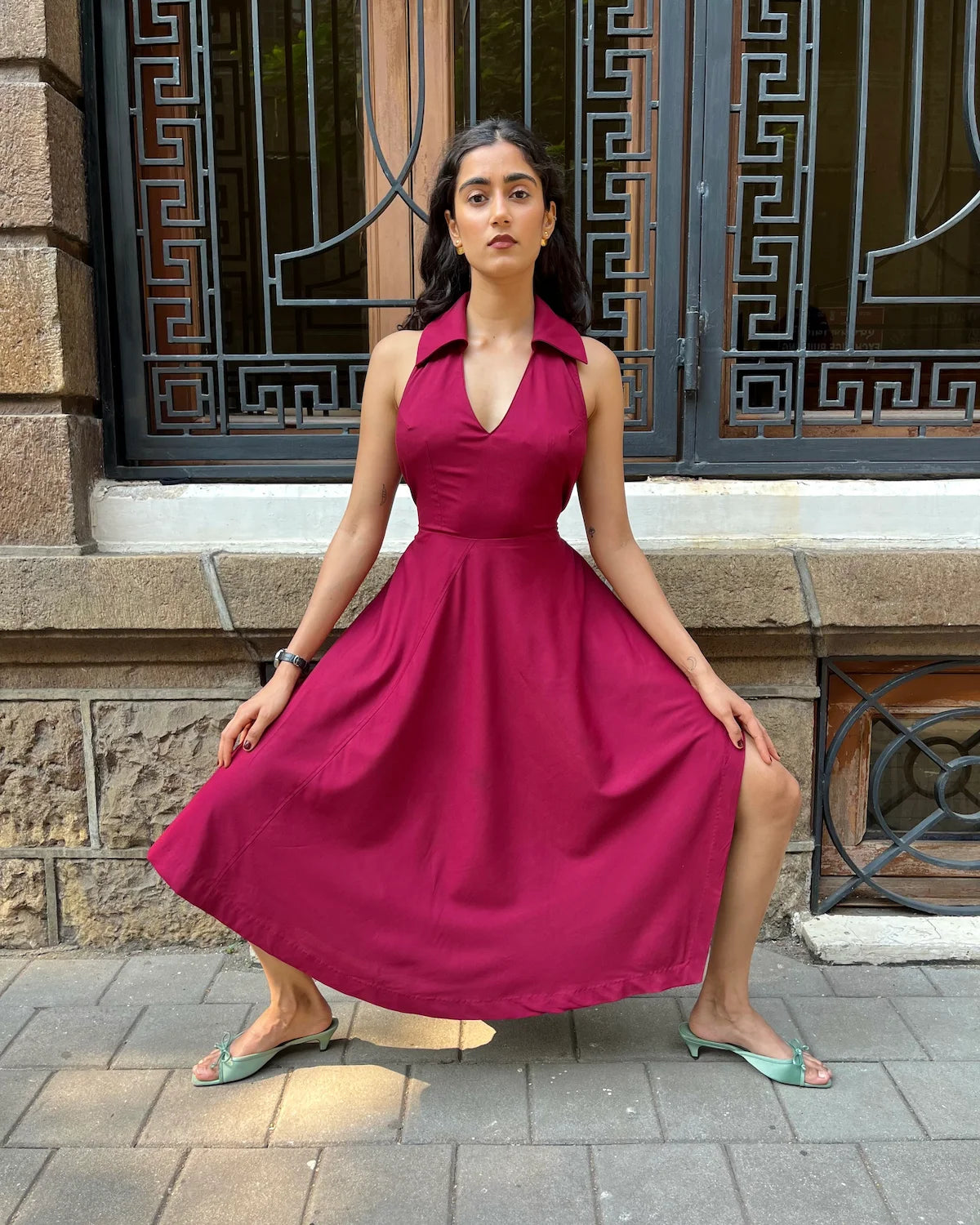 Wine Asymmetrical Dress in Cotton Voile