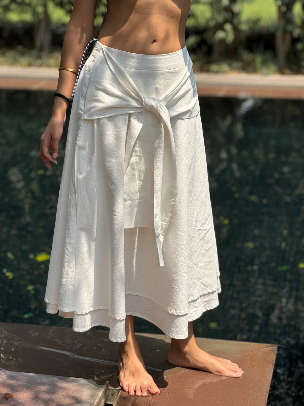 Shirtsleeve-Bow Double Layered Skirt in Khadi