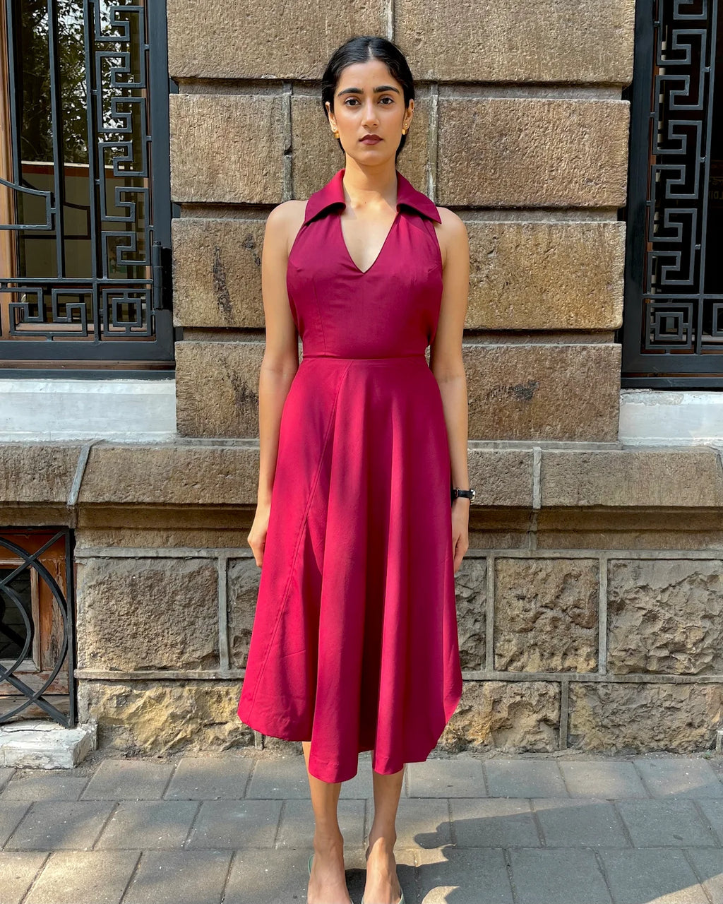 Wine Asymmetrical Dress in Cotton Voile