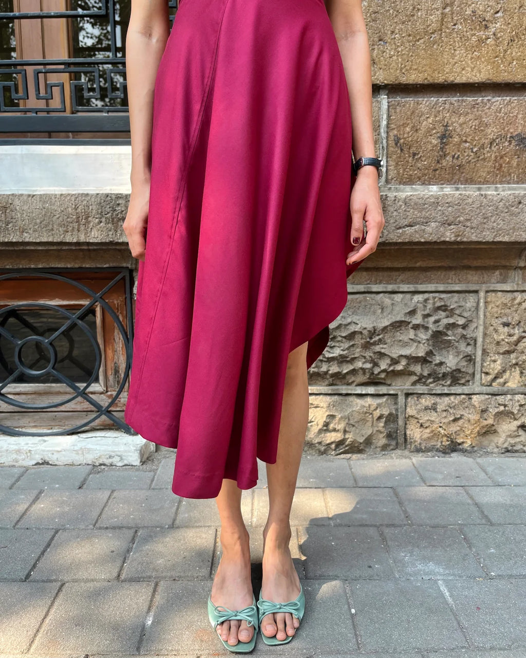 Wine Asymmetrical Dress in Cotton Voile